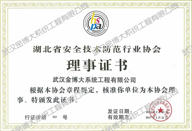 湖北省安防協會理事證書
